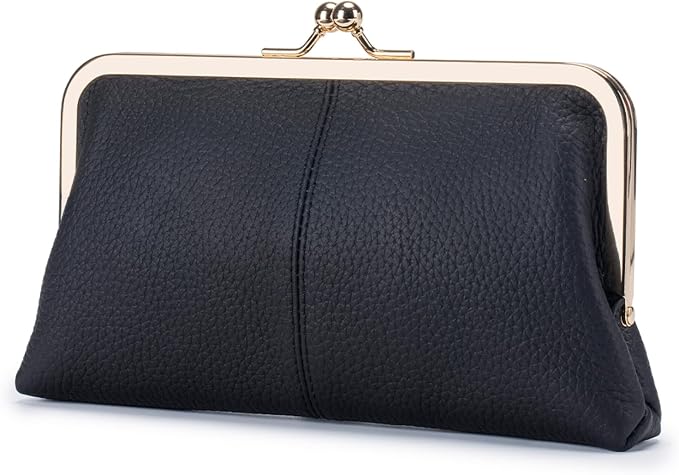 Genuine Leather Long Kiss Lock Wallet for Women – RFID Blocking Handheld Clutch Purse with 8 Card Slots, Money Clip, Zipper Coin Pocket for Travel, Work, Everyday Use – Gift for Her (Black) by Unknown
