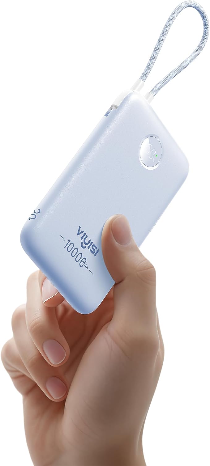 VIYISI 0.58” Slim Portable Charger Small 10000mAh with Built-in USB C Cable | 20W Compact Power Bank Fast Charging Battery Pack Travel Essential for Vacation Outdoor iPhone 17 16 15 Samsung Android-Blue by VIYISI