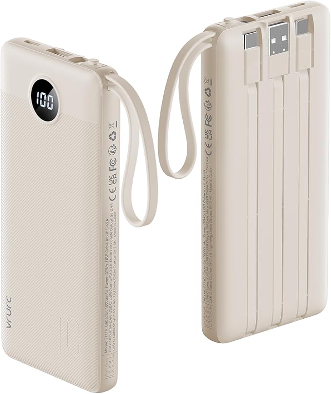 VRURC Portable Charger Power Bank,10000mAh Travel Essentials Battery Pack | Built-in 4 Cables, 5 Outputs 2 Inputs Slim USB C Charging Bank for All Cell Phones -Light Coffee(1 Pack) by Home