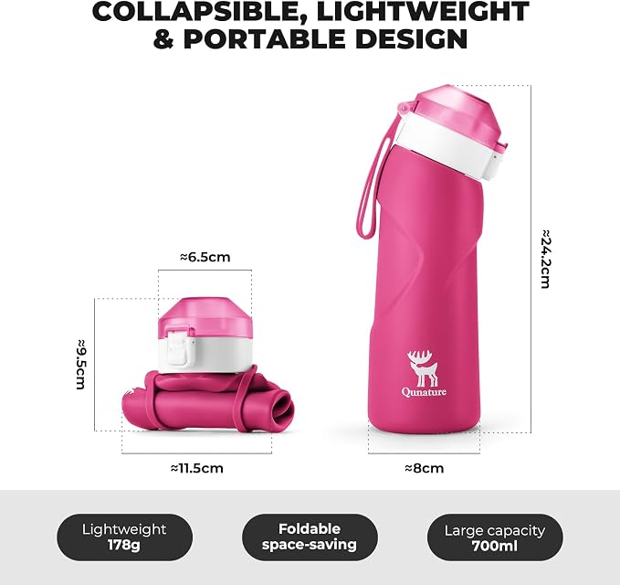 Quanture Collapsible Water Bottle 24oz (700mL), Foldable Silicone Travel Water Bottle, Leakproof & BPA-Free, with Wide Mouth & Carry Strap for Hiking, Camping, Outdoor, Pink - Image 2