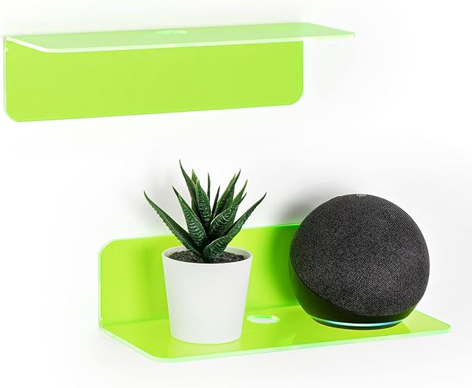 OAPRIRE 9 Inch Floating Wall Shelves Set of 2 - Personalize Expand Wall Space - Acrylic Small Wall Shelf for Bathroom, Bedroom, Living Room, Office, with Cable Clips - Clear Green | Strong Tape Adhesive Wall Shelf, Easy Installation, Hole Design with C... by OAPRIRE