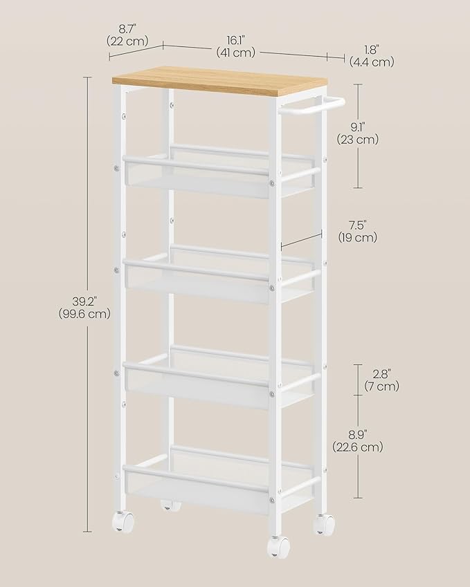 VASAGLE Slim Rolling Cart, 5-Tier Storage Cart, Narrow Cart with Handle, 8.7 Inches Deep, Metal Frame, for Kitchen, Dining Room, Living Room, Home Office, Oak Beige and Classic White ULRC035W09 - Image 7