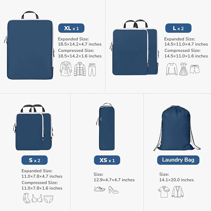 7 Set Compression Travel Packing Cubes for Suitcases, Deep Blue | Travel Essentials for Suitcase, Luggage Organizer Bags for Travel with Shoe Bag, Travel Bags for Shoes, Clothing - Image 2