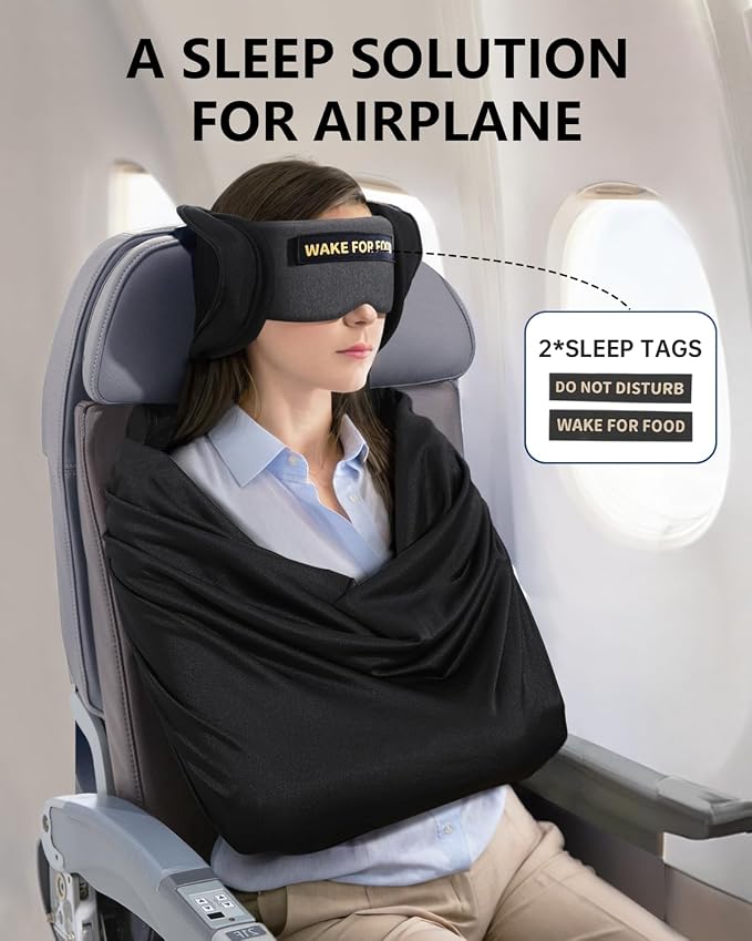 Travel Pillow and Blanket Set, Compact Airplane Pillow Bag with Eye Mask for Long Flights Sleeping, 360° Support Head Strap Travel Essentials for Plane Car Sleep Neck Upright, Stop Head Drop(Grey) - Image 2