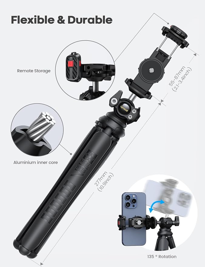 Lamicall Tripod for Camera with Wireless Remote 8-Strand Aluminum Core | Flexible Silicone Legs, Heavy-Duty Phone Stand with 1/4'' Screw & Cold Shoe for iPhone Pocket 3/4 Samsung GoPro DSLR Camera - Image 5