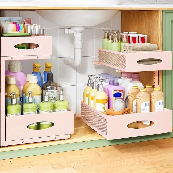 Under Sink Organizer, 2-Pack Pull Out Cabinet Organizer 2 Tier Metal Slide Out Storage Shelf Rack, L-Shaped Adjustable Height,Mesh Sliding Drawer for Kitchen, Bathroom, Laundry, Pantry, Pink, XL by Kitstorack