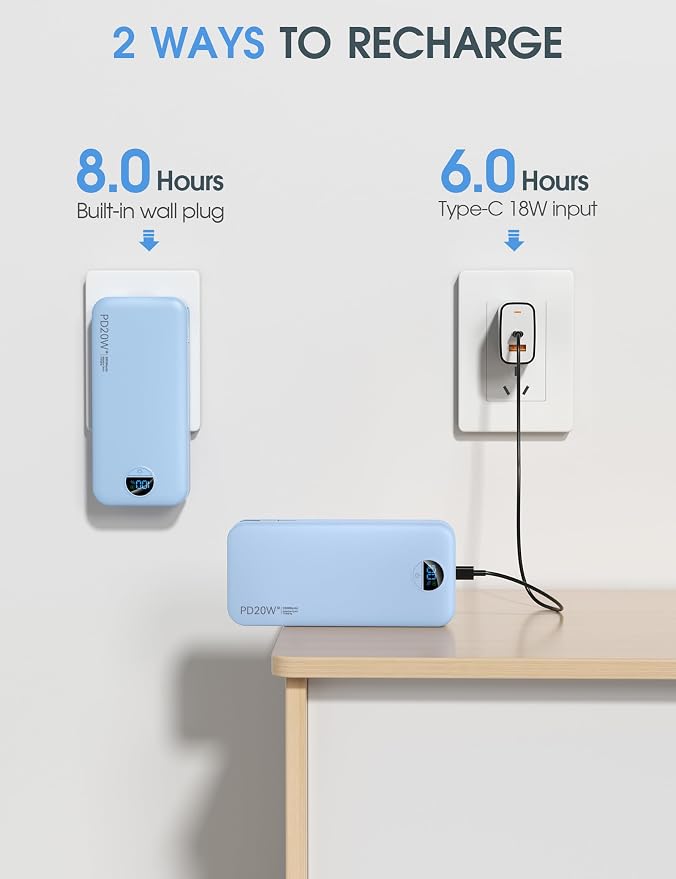 citicr Portable Charger 20000mAh PD20W w/Built-in Cables & Wall Plug Blue | High capacity, Fast charging, Built-in wall plug, LED display, Charge 5 devices at once, Pass through charging, TSA approved - Image 6
