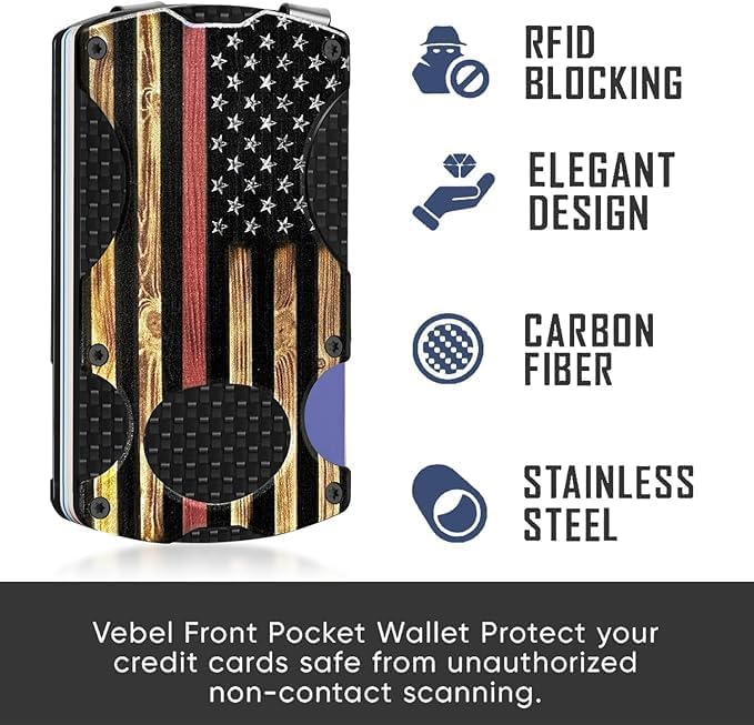 Wood Grain Firefighter American Flag Minimalist Wallet for Men | Slim RFID Aluminum Metal Wallet, Scratch Resistant & Seamless, Credit Card Holder & Money Clip, Ideal Firefighter Gift - Image 2