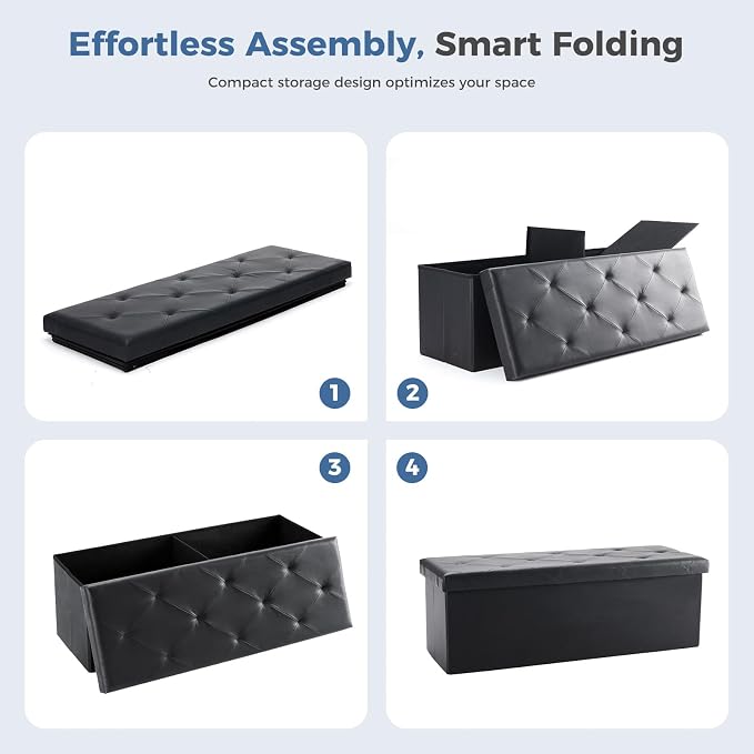 DUMOS 43 Inch Folding Storage Ottoman Bench, Large Ottoman with Storage | Storage Chest with Padded Seat, End of Bed Foot Rest Stool for Bedroom Living Room, Load 660 lbs, Synthetic Leather, Black - Image 6