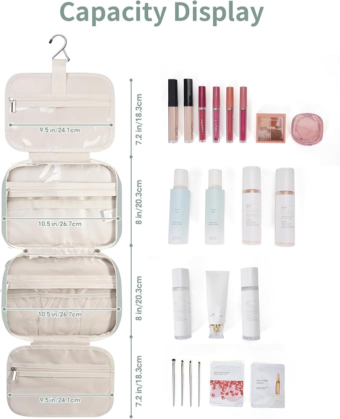 Narwey Hanging Toiletry Bag for Women Travel Makeup Bag Organizer Toiletries Bag for Travel Size Essentials Accessories Cosmetics (Mint Green (Medium)) - Image 3