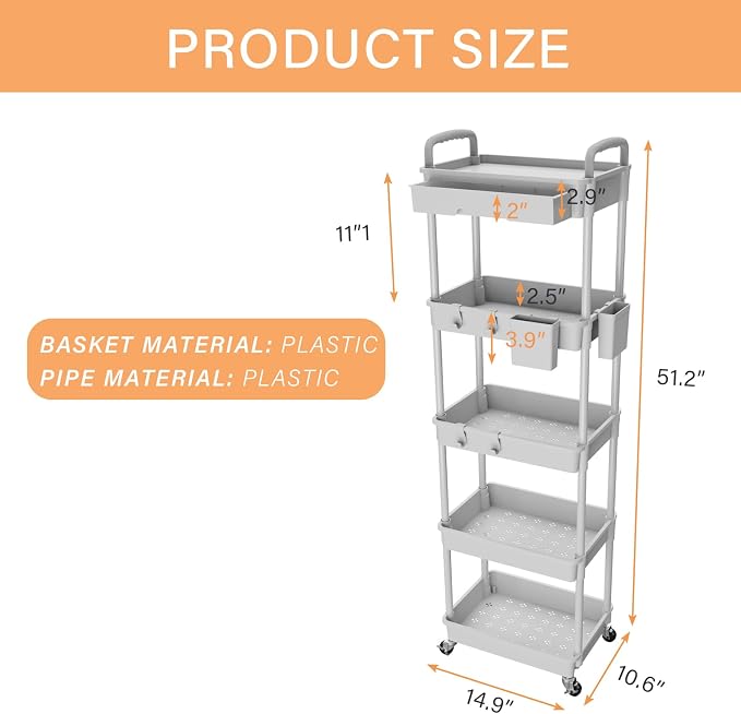5 Tier Rolling Utility Cart with Drawer,REBECAT Utility Cart Made of Multifunctional Storage Organizer Tool for Kitchen,Bathroom,Living Room,Office(Gray) - Image 5