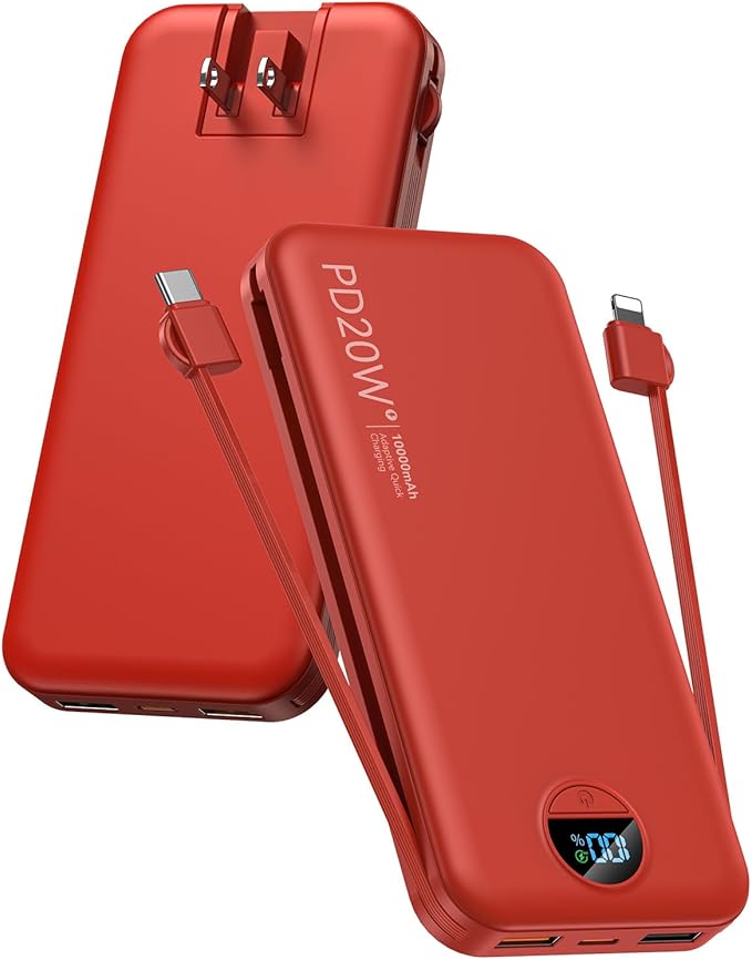citicr Portable Charger 10000mAh PD20W w/Built-in Cables & Wall Plug Red | Fast charging, Built-in wall plug, LED display, Charge 5 devices at once, Pass through charging, TSA approved, Pocket size by CITICR