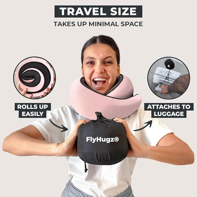 FlyHugz® Neck Travel Pillow Memory Foam Neck Pillow for Comfort on Airplane Compact and Ergonomic Design for Travel, Car Rides, and Home Use Ideal for Adults and Kids. (Pink) - Image 4