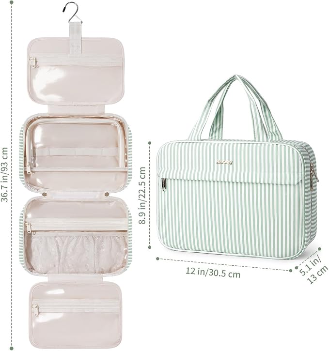 Narwey Striped Hanging Travel Toiletry Bag, Makeup Bag Organizer Make up Toiletries Bags for Full Size Essentials, Accessories, Brushes, Cosmetics (Mint Green Stripe, Large) - Image 7
