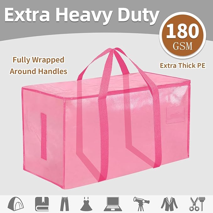 16 Pack-Extra Large Heavy Duty Moving Bags - Waterproof Storage Totes with Handles & Zippers, Foldable for College Dorm, Storage (Pink) - Image 2