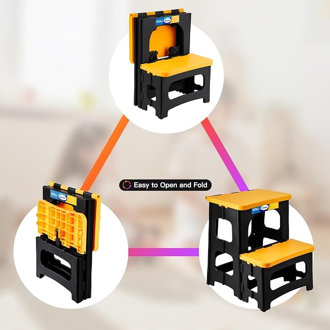 Korpai Folding 2 Step Stools,8" & 17" Dual Heights,Foldable Step Stool for Adults and Kids,Hold up to 250lbs,Collapsible Step Stool for Kitchen Bedroom Office Bathroom RV, Yellow - Image 4