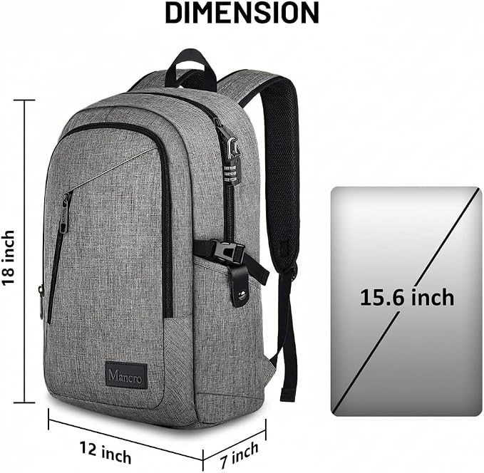 Mancro Laptop Backpack for Travel, Anti-theft Business Backpack for Men | Water Resistant Work Daypack with Lock, Travel Computer Bag with Laptop Compartment Fits 15.6 Inch Laptop for Men Women, Grey - Image 5