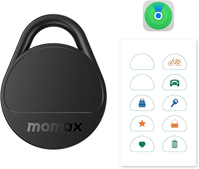Momax Tracker Electronics Key Finder Luggage Tracker Smart Tag for Key, Backpack, Wallet, Pets Works with Apple Find My (iOS Only) and Global Search Range Include DIY Personalized Stickers by MOMAX