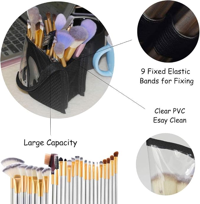 ANEMEL Black Travel Makeup Brush Holder, Organizer Bag Cosmetic Zipper Pouch Portable Dust-Free Stand-Up Toiletry Stationery - Image 3