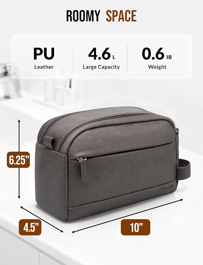 PU Leather Toiletry Bag for Men - Water Resistant Travel Bag for Toiletries, Bathroom Essentials, Accessories - Grey - Image 2