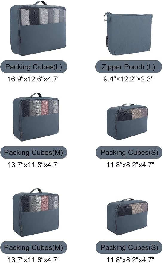 6 Set Travel Packing Cubes, Water-Repellent Nylon Luggage Organizer Bags for Suitcase, Carry-on, Home Storage, Lightweight and Durable (6, Blue, Sollid) - Image 6
