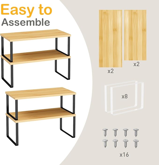 OGEMXU Cabinet Shelf Organizers, 15.7 inches Large Kitchen Counter Shelf, Set of 4 Wood Kitchen Pantry Organizer, Storage Shelves for Countertop, Spice Rack, Stackable, Expandable, Metal Black, Nature - Image 7
