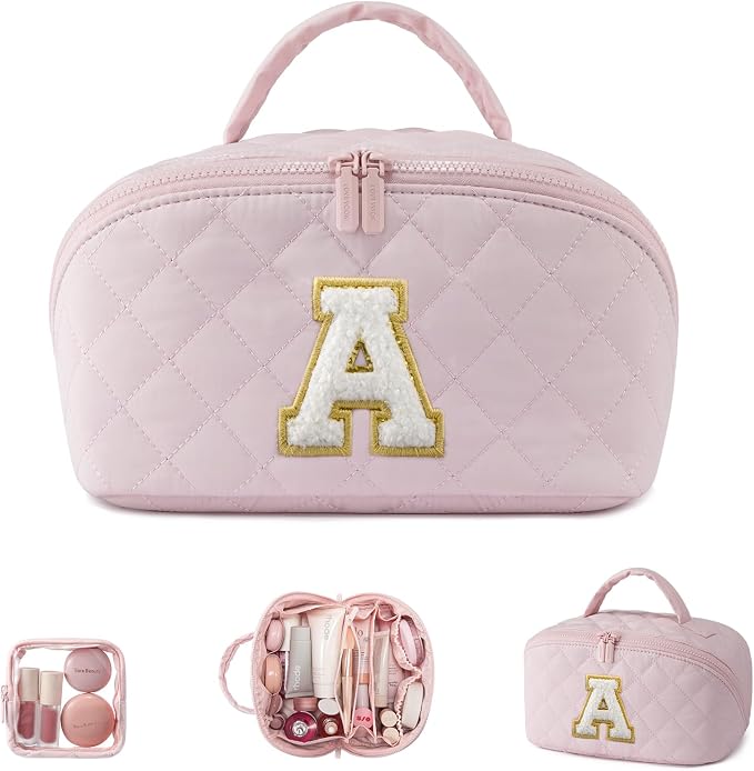 LOVEVOOK Travel Makeup Bag for Women, 2Pcs Puffer Waterproof Cosmetic Organizer, Large Capacity Pouch Open Flat Small Toiletry Bag with Brush Compartment & Handle (Pink-A, Medium) by LOVEVOOK