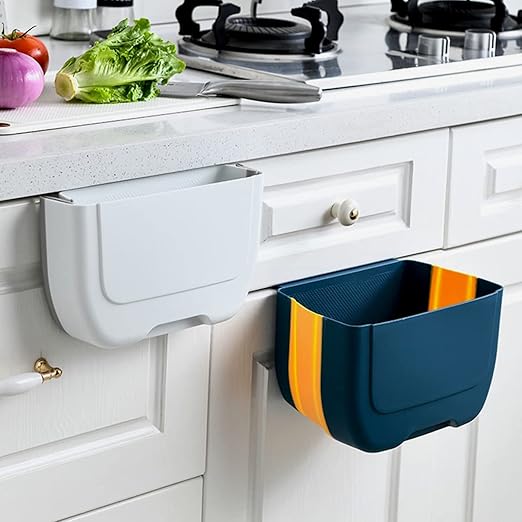 Hanging Folding Mini Trash Can for Kitchen Cabinet Door, Small Collapsible Garbage Bin Under Sink,Wall Mounted Folding Waste Bin- Mini Garbage Container for Cabinet/Bedroom/Bathroom 3L (Blue Yellow) - Image 2