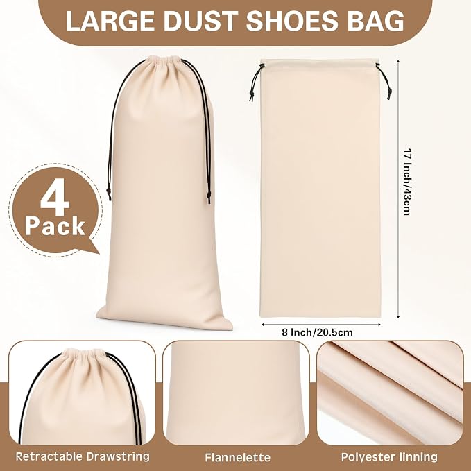 4 Pcs Flannel Cloth Shoe Bags for Travel, 8 x 17 Inches Dust Pouch with Drawstring Closure, Washable Breathable Cotton Fabric for Luggage(Beige) - Image 2
