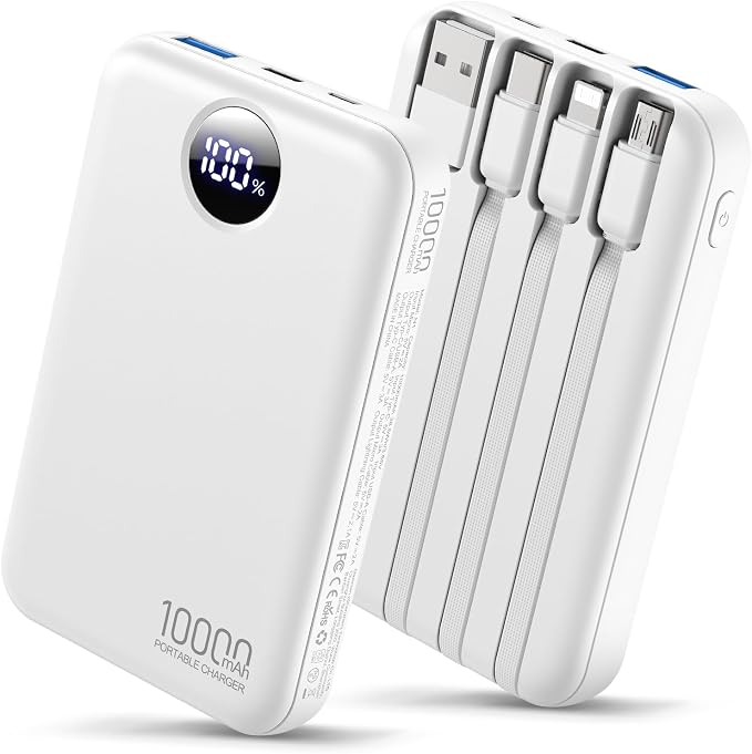 Portable Charger 10000mAh with 4 Built-in Cables 40% Smaller | Power Bank Fast Charging Battery Pack,LED Display Compact with Travel Charger for iPhone Other Devices-White by Zmmyuluo