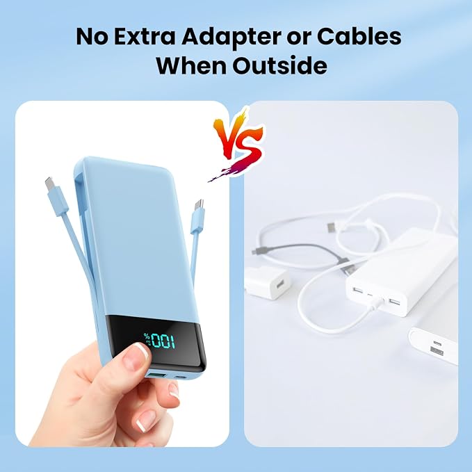Portable Charger with Built-in AC Plug and Cables,13800mAh All in One USB C Fast Charging Power Bank,Travel Essentials Portable Phone Charger Battery Pack for iPhone 17/16/13,Galaxy,Android-Light Blue - Image 4