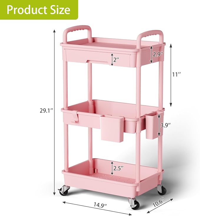 Sorgion 3 Tier Rolling Cart Organizer,Laundry Room Bathroom Organizers and Storage Office Shelves Mobile Shelving Unit Kitchen Trolley Cart with Wheels for Art,Craft,Diaper,Bedside,Snack(Pink) - Image 3