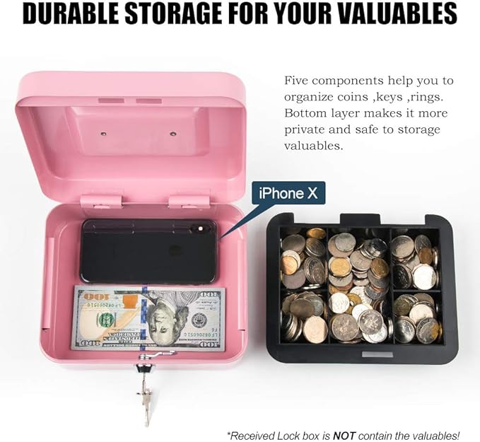 Kyodoled Medium Cash Box with Money Tray,Small Safe Lock Box with Key, Drawer,7.87"x 6.30"x 3.54" Pink - Image 4