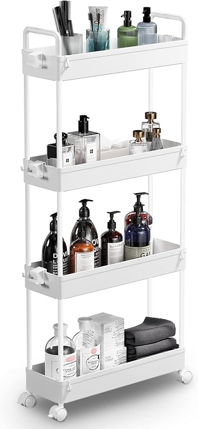 SOLEJAZZ Slim Rolling Storage Cart Skinny Bathroom Organizer, 4 Tier, White | Thin utility cart with wheels for bathroom, laundry room, bedside, kitchen, dorm, office, next to fridge, small narrow places by SOLEJAZZ