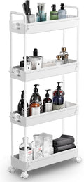 SOLEJAZZ Slim Rolling Storage Cart Skinny Bathroom Organizer, 4 Tier, White | Thin utility cart with wheels for bathroom, laundry room, bedside, kitchen, dorm, office, next to fridge, small narrow places by SOLEJAZZ
