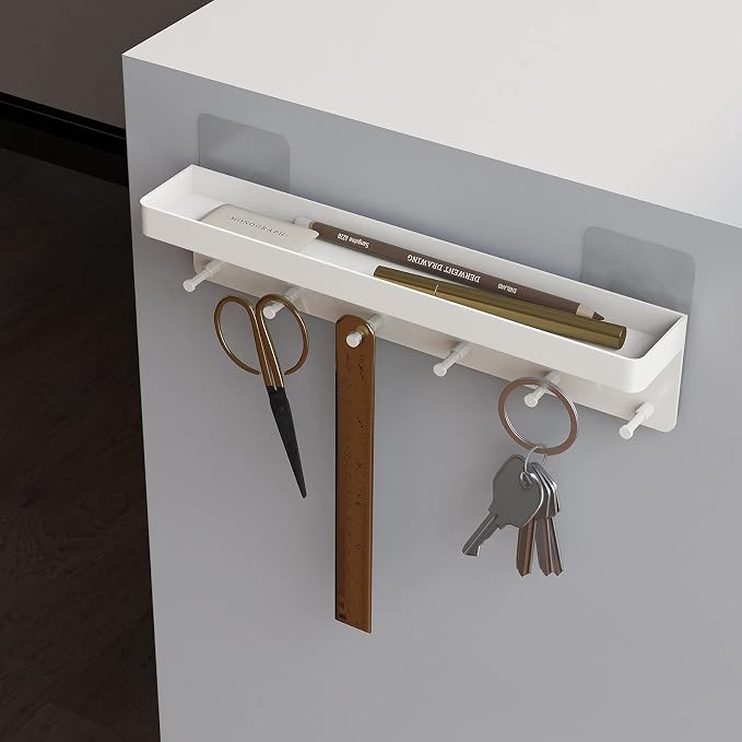 MKO Key Holder Wall Mount, Adhesive Key Hanger with 6 Hooks for Wall, White | Metal Material, Key Rack with Shelf, Wall Mount, Mail Organizer Tray, Suitable for Entryway, Hallway, Living Room - Image 4