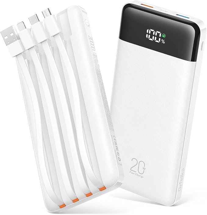 Orfeika 20000mAh Power Bank, Portable Charger with 4 Built-in Cables | 20W PD USB C Fast Charging,6 Outputs,LED Display,Flight-Safe,Travel Essentials Battery Pack for iPhone, Galaxy, iPad & More by Orfeika