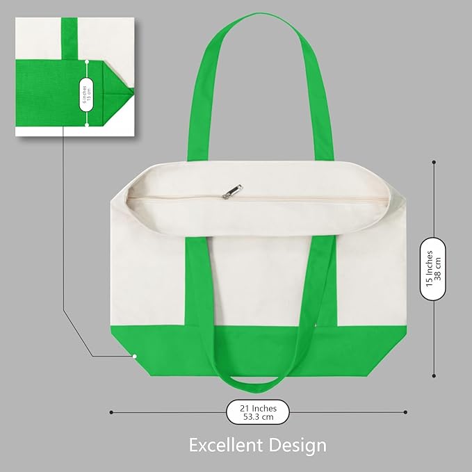 TOPDesign 6-Pack Canvas Tote Bags with an External Pocket, Reusable Grocery Shopping Bags, Top Zipper Closure, Daily Essentials (Lime Green/Natural) - Image 5