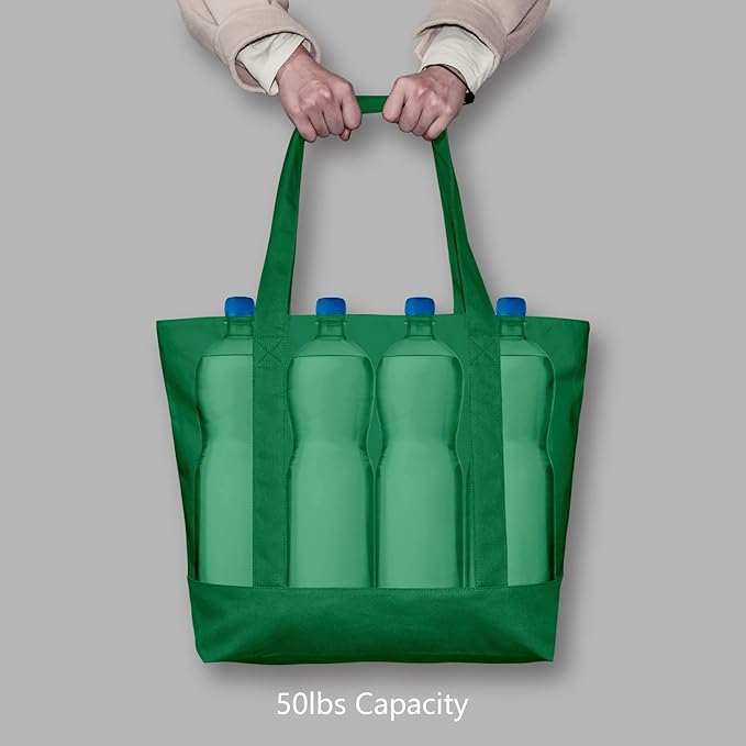 TOPDesign 1-Pack Canvas Tote Bag with an External Pocket, Reusable Grocery Shopping Bag, Top Zipper Closure, Daily Essentials (Green) - Image 6