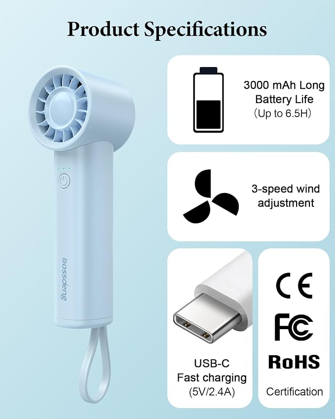 Portable Fan with Power Bank & Flashlight-Blue | 6.5H Max Cooling,USB-C Rechargeable,Mini Fan for Outdoor/Travel/Beach/Concerts/Summer.Gifts for Girl,Women. - Image 8