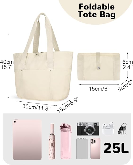 Foldable Tote Bag with Zipper for Women, 18L Nylon Lightweight Shoulder Handbag for Travel, Waterproof Beach Bag - Image 4
