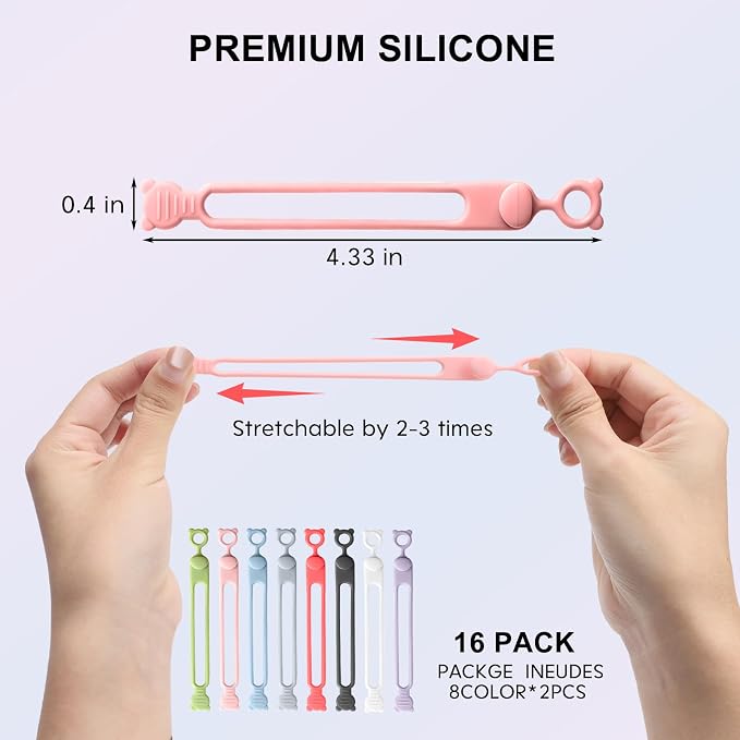 16Pcs Silicone Cable Ties, Reusable Cable Management Organizer | Elastic Cord Straps for Earphones,Phone Chargers & Computer Cords,Multipurpose Wire Organizer for Home, Office,Travel,8Colors - Image 2