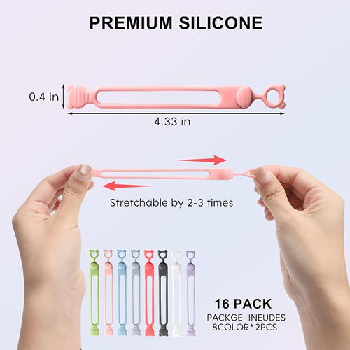16Pcs Silicone Cable Ties, Reusable Cable Management Organizer | Elastic Cord Straps for Earphones,Phone Chargers & Computer Cords,Multipurpose Wire Organizer for Home, Office,Travel,8Colors - Image 2