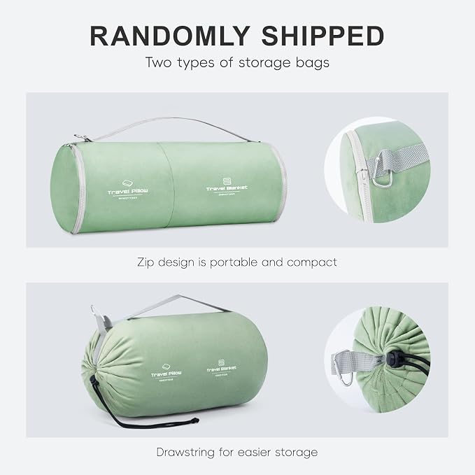 urnexttour Travel Pillow and Blanket Set Neck Pillow Airplane Foam Sage | 43x60 Inch Plane Blanket, Traveling Compact Storage Bag, Eye Mask, and Earplugs for Ultimate Flight Comfort, Women and Men - Image 2