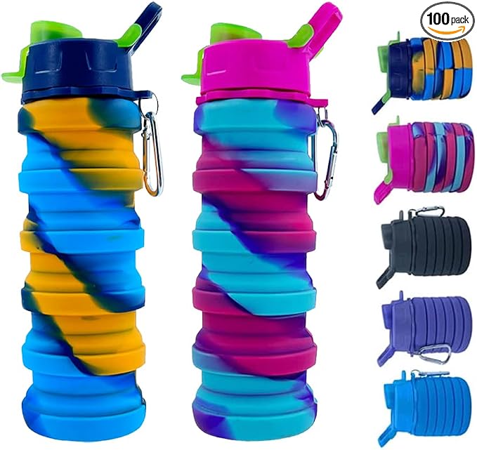 Collapsible Water Bottles 2 Pack 500ml (Yellow Camo+Rose Red) | Portable Expandable Sport Bottle with Carabiner for Travel & Camping by konlongzan
