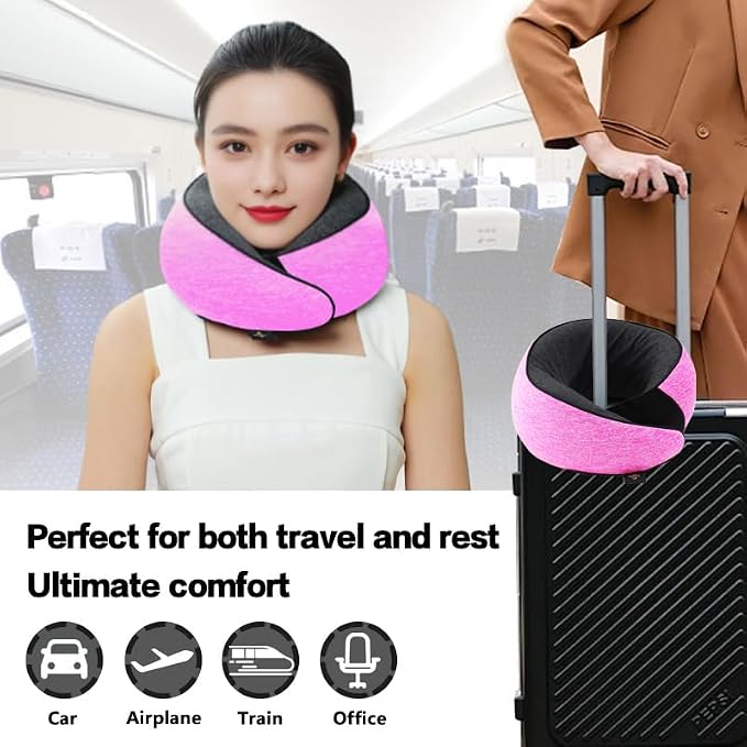 Travel Neck Pillow | Memory Foam Neck Pillow, New Portable U-Shaped Pillow with Neck Support, Washable Cover, Compact for Plane, Office, Bus, Train, Sofa, Nap–Includes Storage Bag - Pink - Image 5