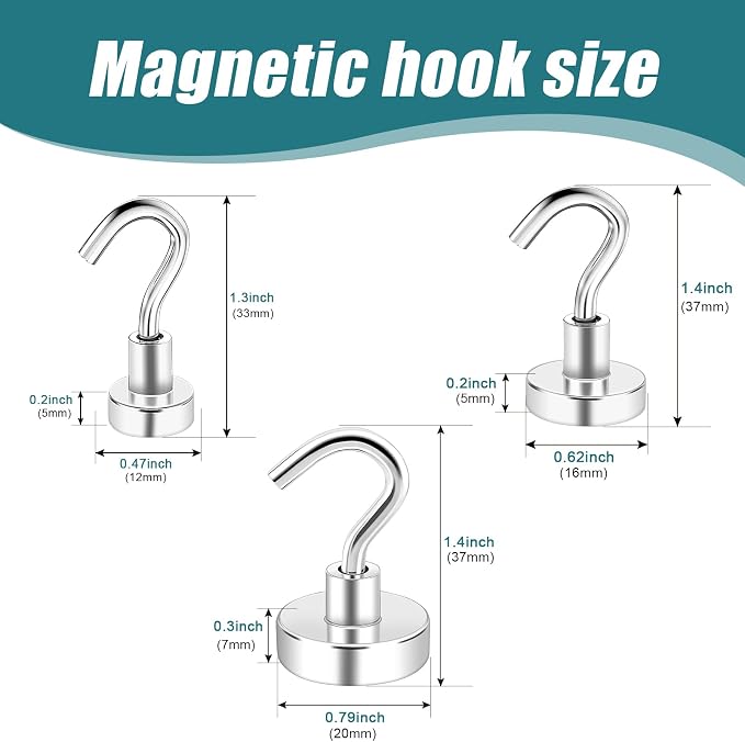 MAGXCENE 50 Pcs Magnetic Hooks Heavy Duty, 3 Different Size Strong Rare Earth Magnet Hooks for Hanging, Refrigerator, Neodymium Magnets with Hooks for Grill Kitchen Tool Storage - Image 2