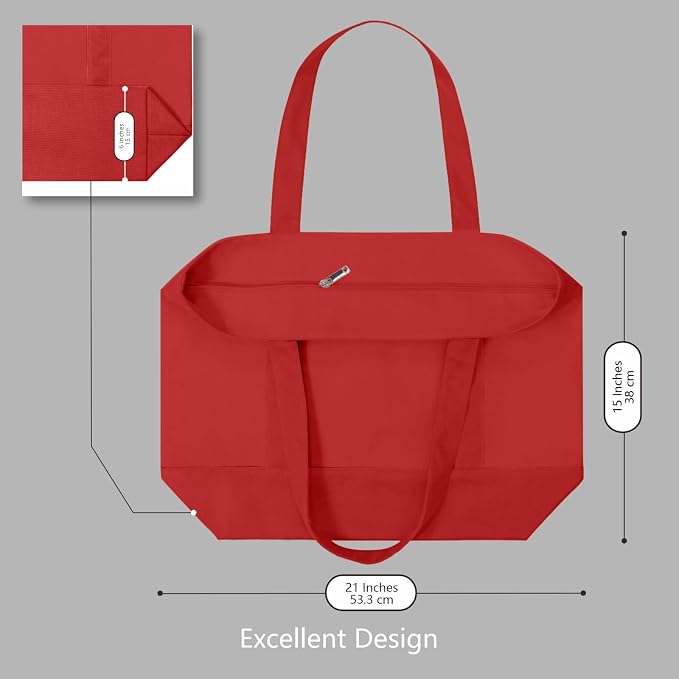 TOPDesign 1-Pack Canvas Tote Bags with an External Pocket, Reusable Grocery Shopping Bags, Top Zipper Closure, Daily Essentials (Red) - Image 5