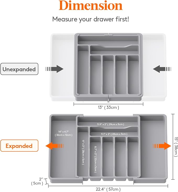 Lifewit Expandable Silverware Drawer Organizer, Kitchen Utensil Tray | BPA-free Plastic Flatware Cutlery Holder, Space-Saving Storage for Spoons Forks Knives, 13-22.4 x 15“, Gray - Image 3
