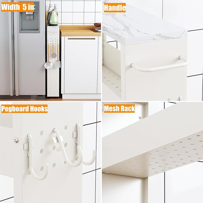 XYZLVSI Slim Storage Cart, 4 Tier Narrow Kitchen Rolling Cart with Wheels | 5.1" W narrow shelf for small spaces, 13" bottom metal utility cart with handle for bathroom/laundry, skinny storage cart - Image 7